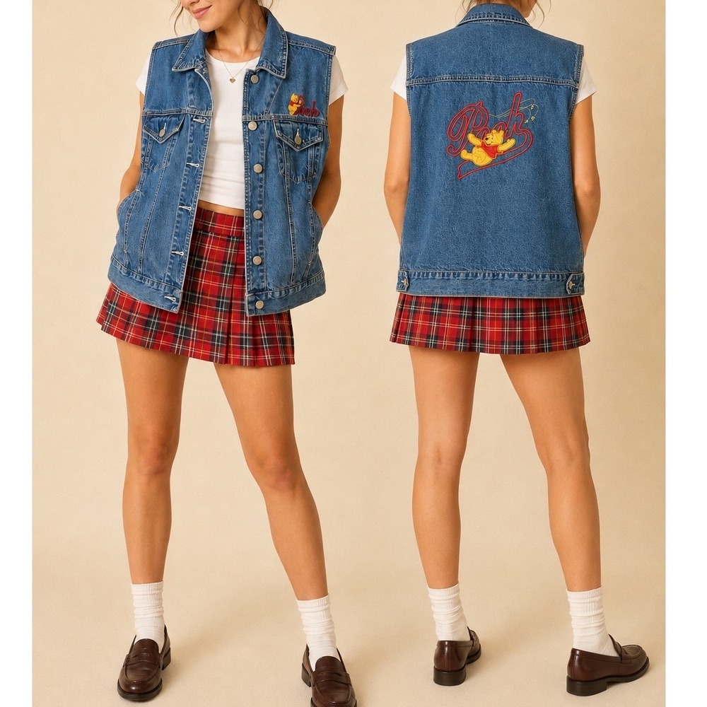 Vintage Disney Winnie the Pooh Denim Vest Embroidered Blue XL AJ283 a5